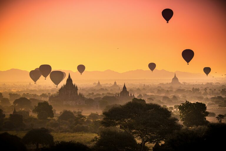 Sunrise with hot air balloons over the temples of Bagan, Myanmar.