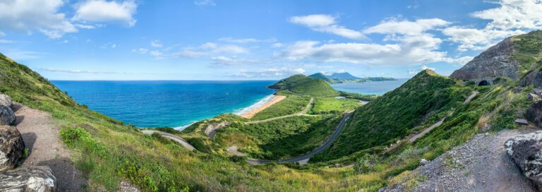 A panoramic view of the coastline and natural landscapes near Basseterre, Saint Kitts and Nevis.
