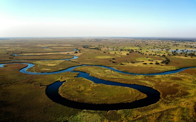 Vedere aeriană a Deltei Okavango din Botswana cu meandrele râului și vegetație luxuriantă.