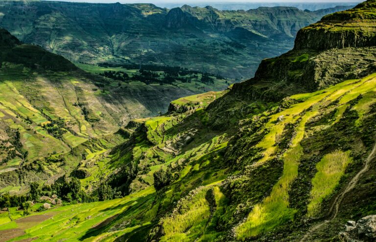 Munții Simien din Etiopia cu terase verzi și peisaj natural impresionant.