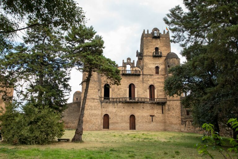 Fasil Ghebbi Castle in Gondar, with architectural details surrounded by greenery.