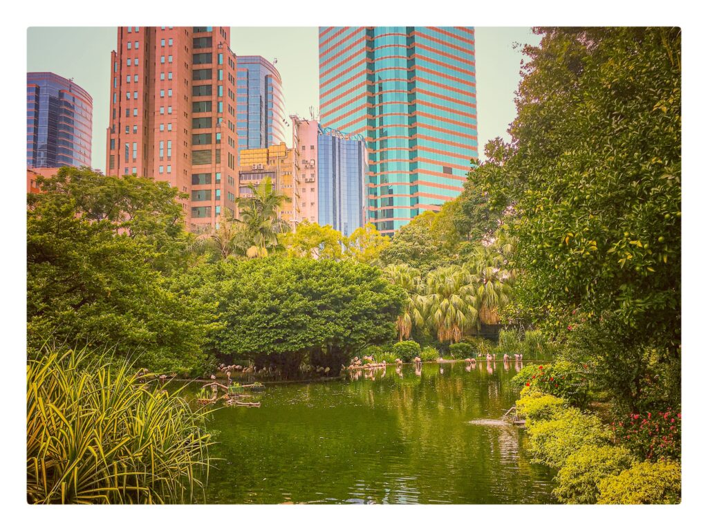 Hong Kong Park cu lac, vegetație bogată și clădiri moderne în fundal, loc perfect pentru relaxare.
