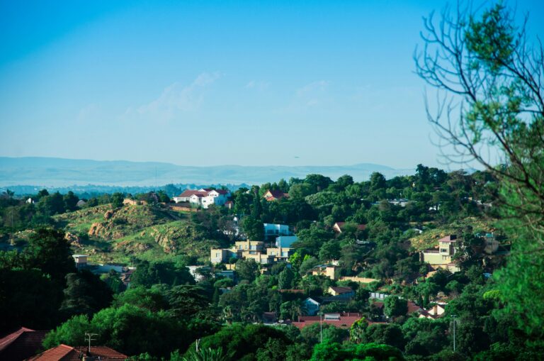 Urban landscape of Johannesburg, South Africa, displaying green hills and residential architecture.