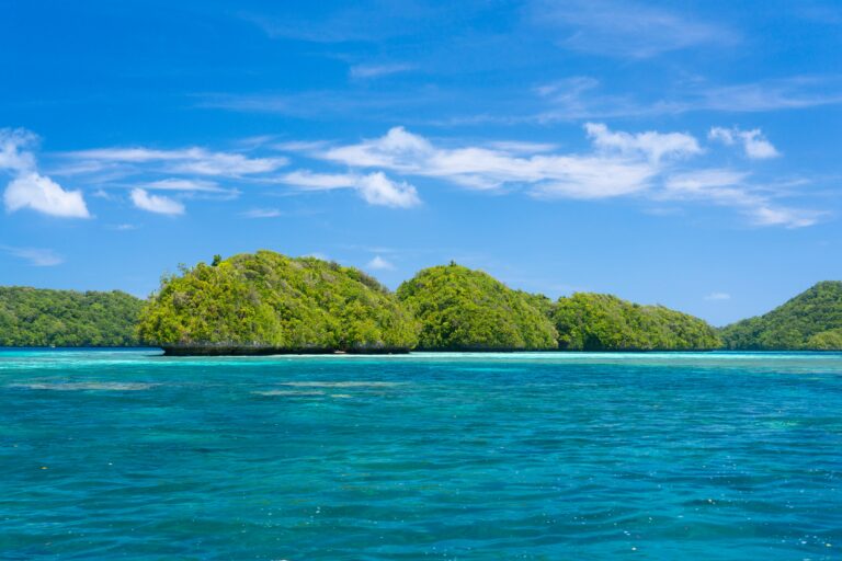 Tropical landscape of the Rock Islands in Koror, Palau, with blue waters and green islets.
