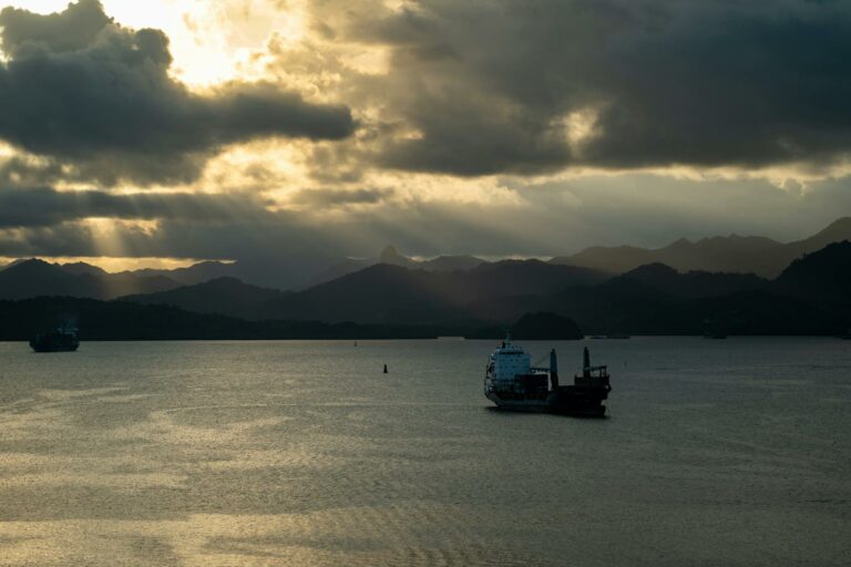 Vedere a portului Suva în Fiji la apus de soare, cu o navă de marfă și munți în fundal.