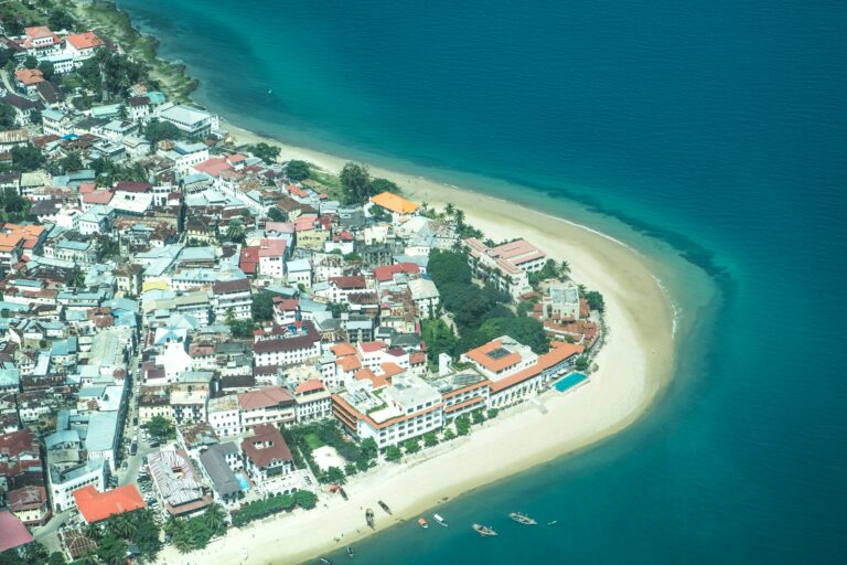 Aerial view of Stone Town in Zanzibar, featuring historic buildings and beaches by the Indian Ocean.