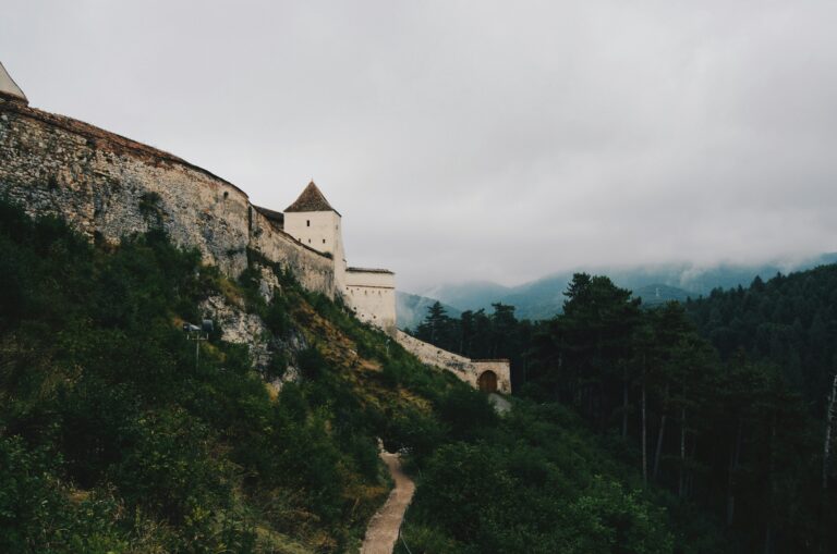 Cetatea Slimnic, pozată într-un peisaj montan cu zidurile sale istorice și natură luxuriantă.