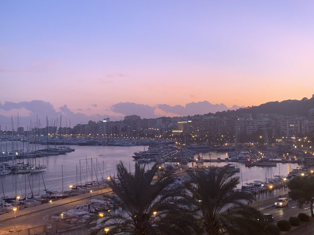Tramonto a Paseo Maritimo Palma de Mallorca con il porto pieno di barche e le luci della città sullo sfondo.